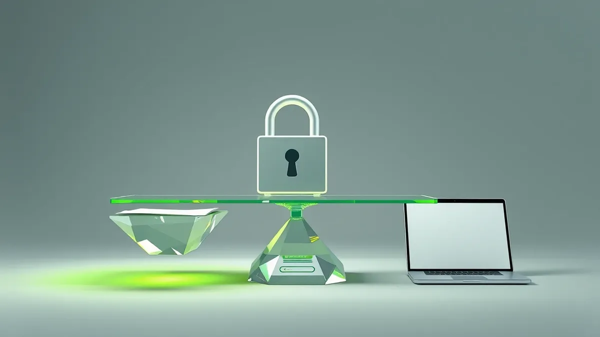 Illustration: A transparent glass scale balances a large digital lock against a stack of blank paper forms.