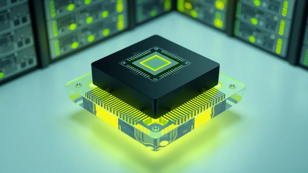 Illustration: A sleek black rectangular computing chip rests on a transparent cooling plate.