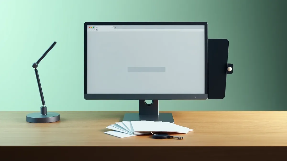 Illustration: A generic desktop computer sits on a desk, its monitor displaying a blank web browser window with a single empty login field.