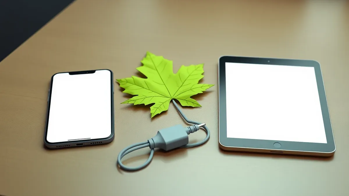 Illustration: A sleek smartphone and a tablet sit on a wooden table next to a Canadian maple leaf.