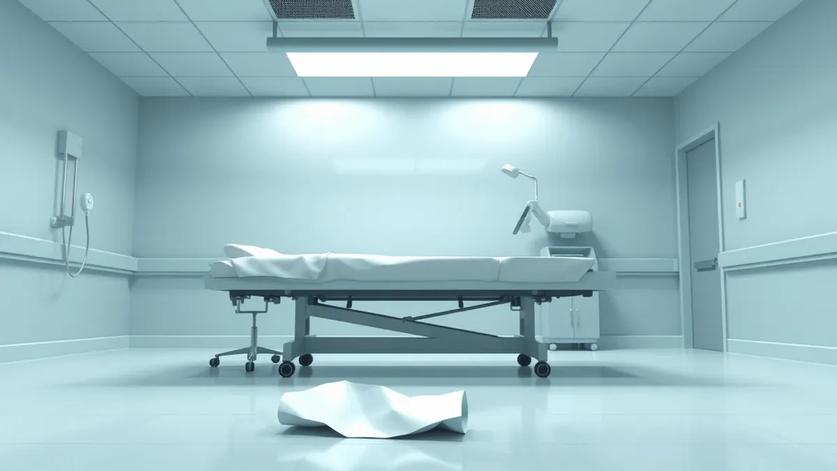 Illustration: A sterile hospital examination table sits empty under harsh fluorescent lights.