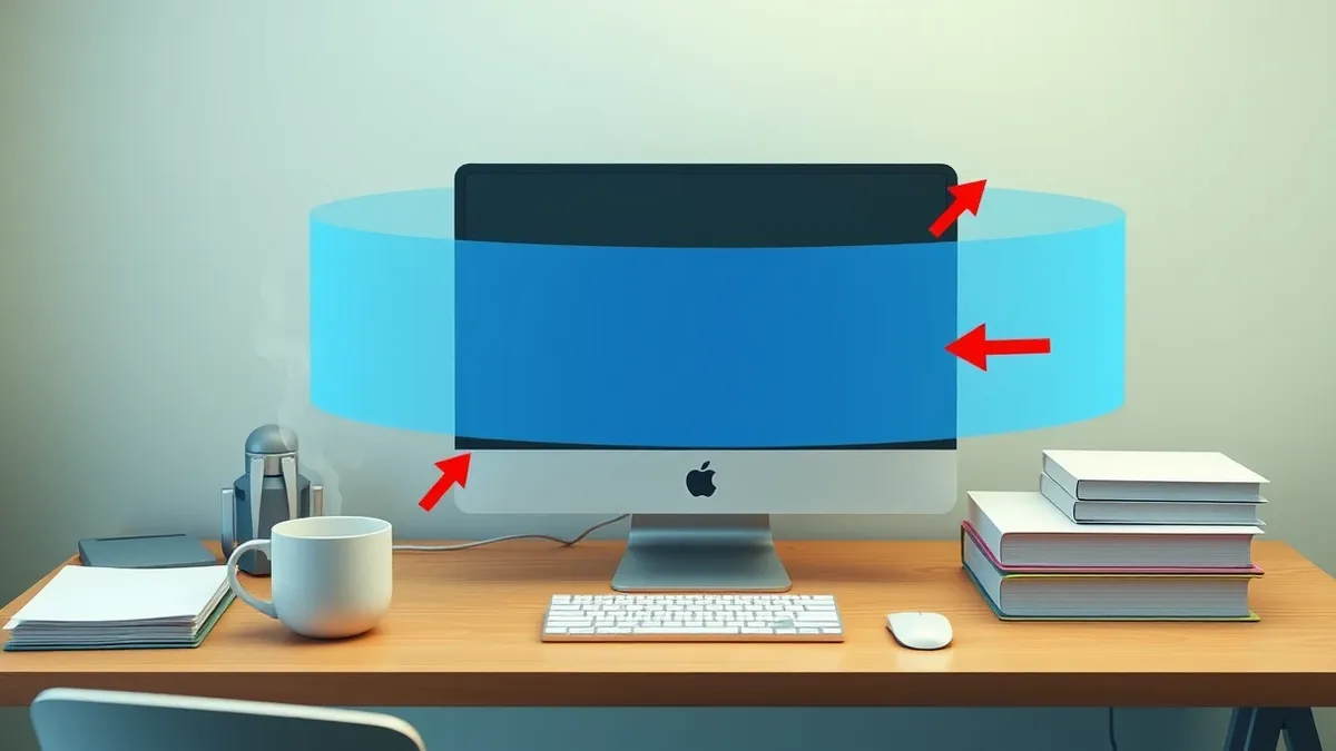 Illustration: A sleek aluminum desktop computer sits on a cluttered wooden desk beside a steaming ceramic mug and a stack of plain notebooks.