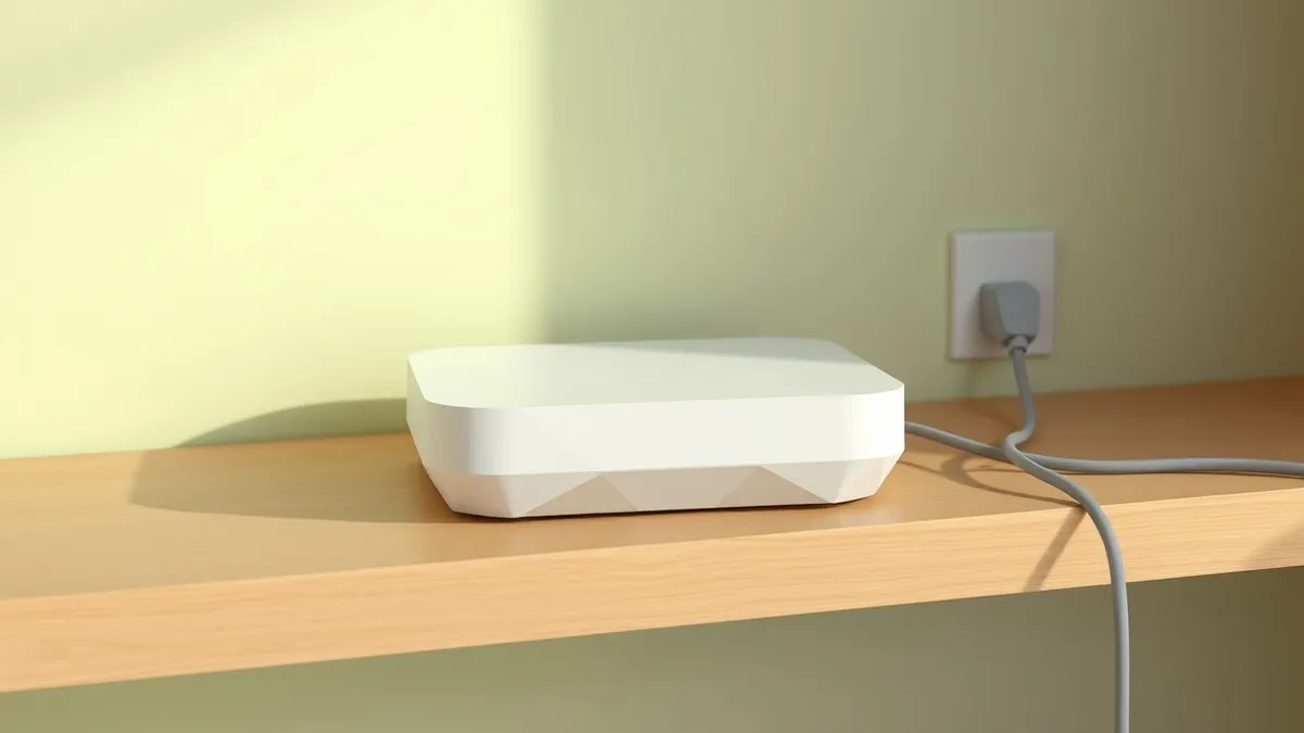 Illustration: A small white streaming media box rests on a wooden shelf, its sleek surface reflecting soft light.