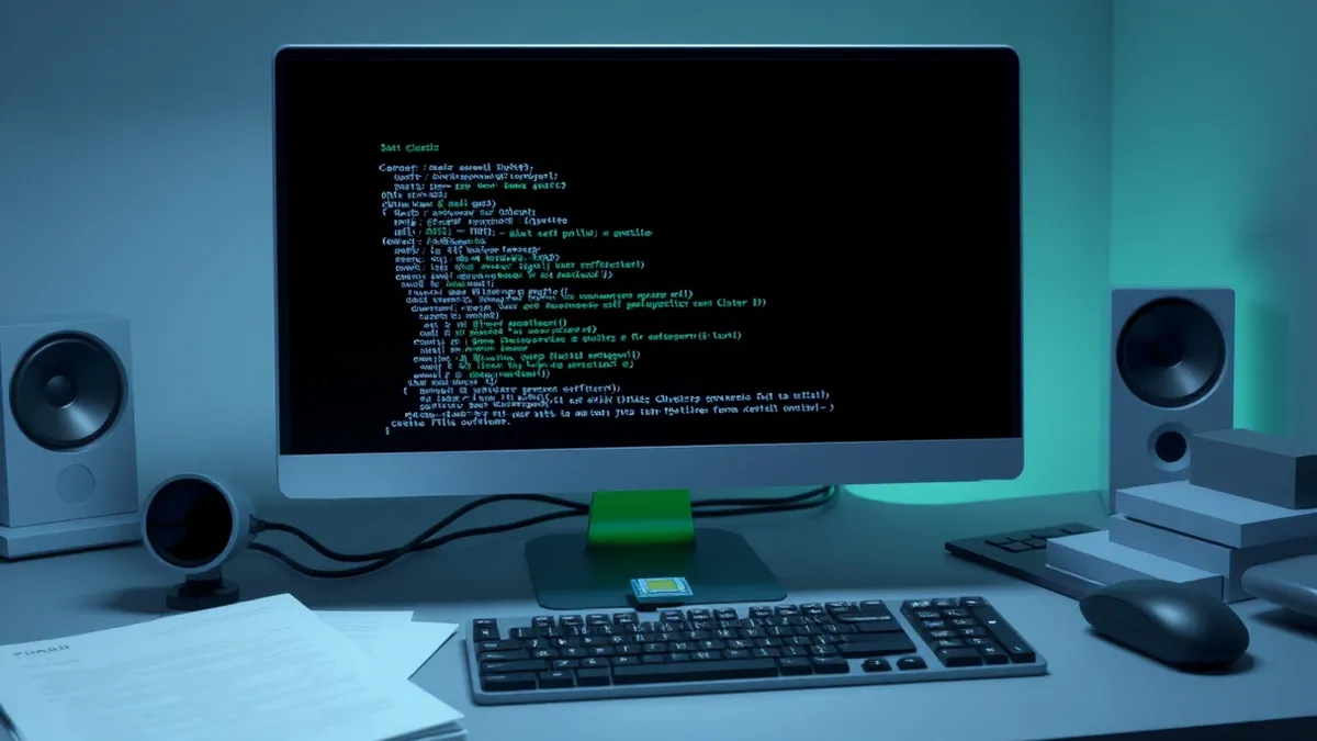 Illustration: A blank computer monitor sits on a cluttered desk, displaying lines of abstract code on a dark screen.