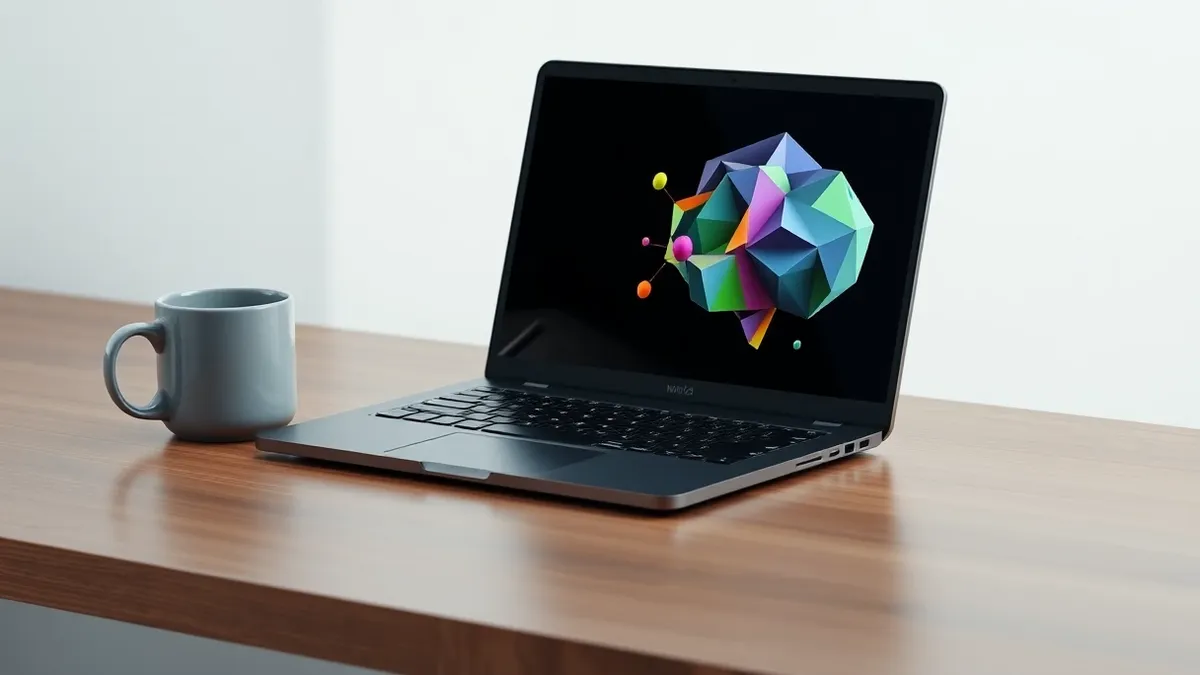 Illustration: A sleek black laptop sits open on a wooden desk beside a ceramic coffee mug.