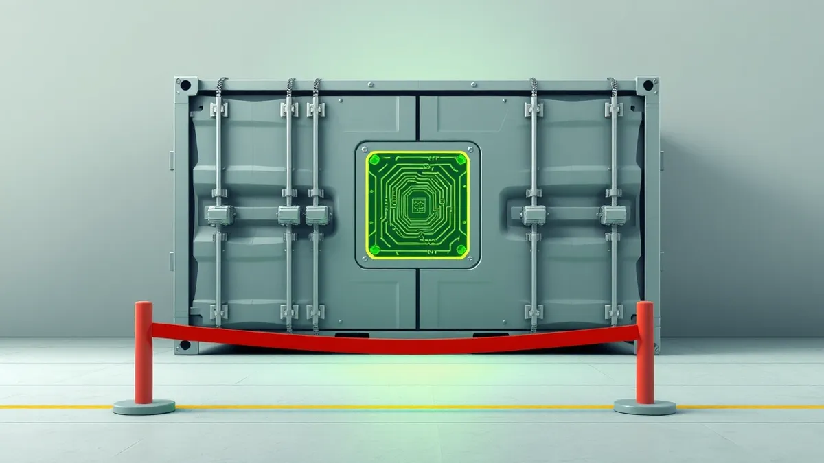 Illustration: A sealed metal shipping container sits on a concrete dock, its heavy doors locked tight with thick chains.