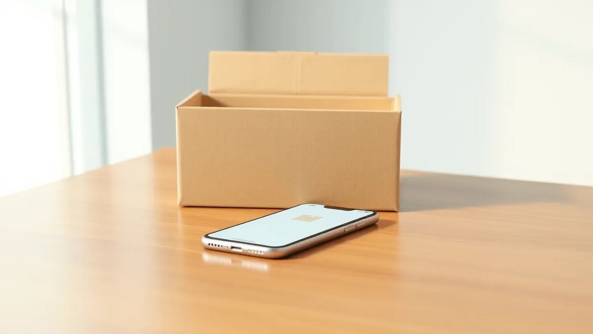 Illustration: A sleek smartphone rests alone on a polished wooden desk next to an empty cardboard shipping box.