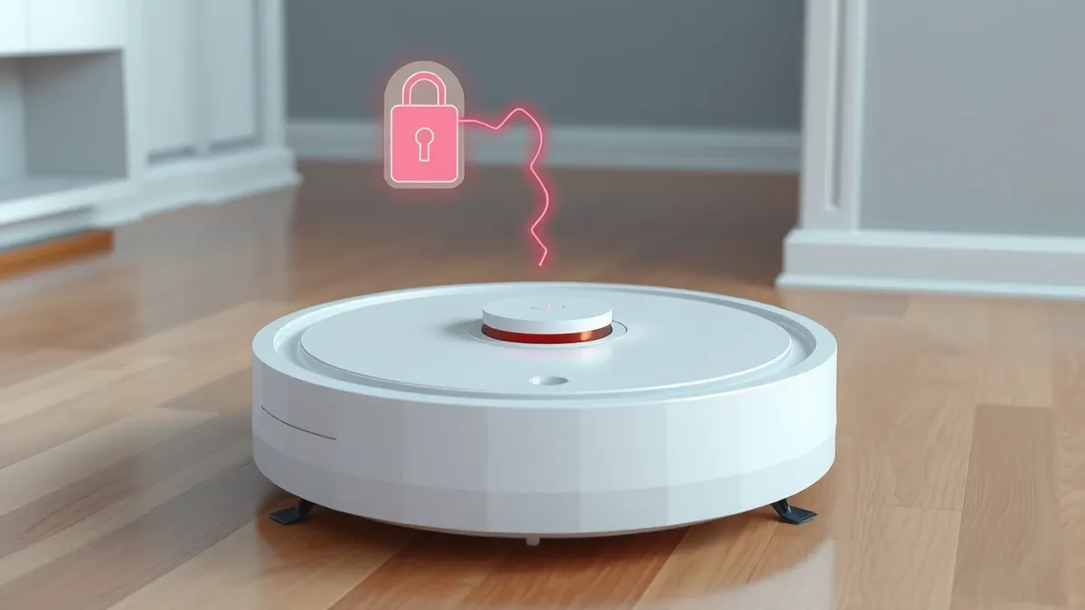 Illustration: A sleek white robotic vacuum cleaner sits idle on a polished wooden floor.