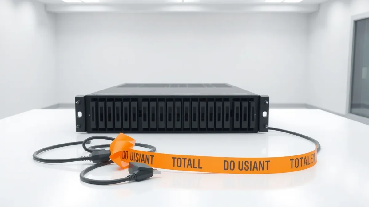 Illustration: A black server blade sits disconnected on a sterile white table, its power cable severed and coiled loosely nearby.