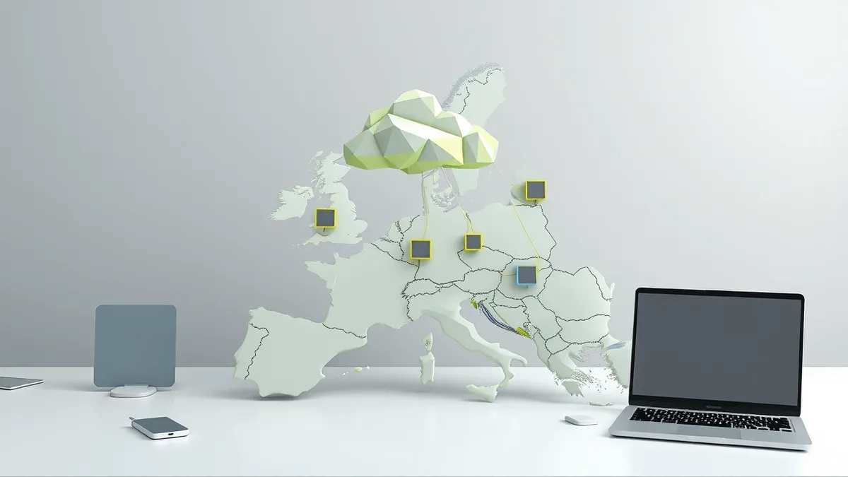 Illustration: A fragmented map of Europe sits on a clean desk, with distinct national borders highlighted in bright colors.