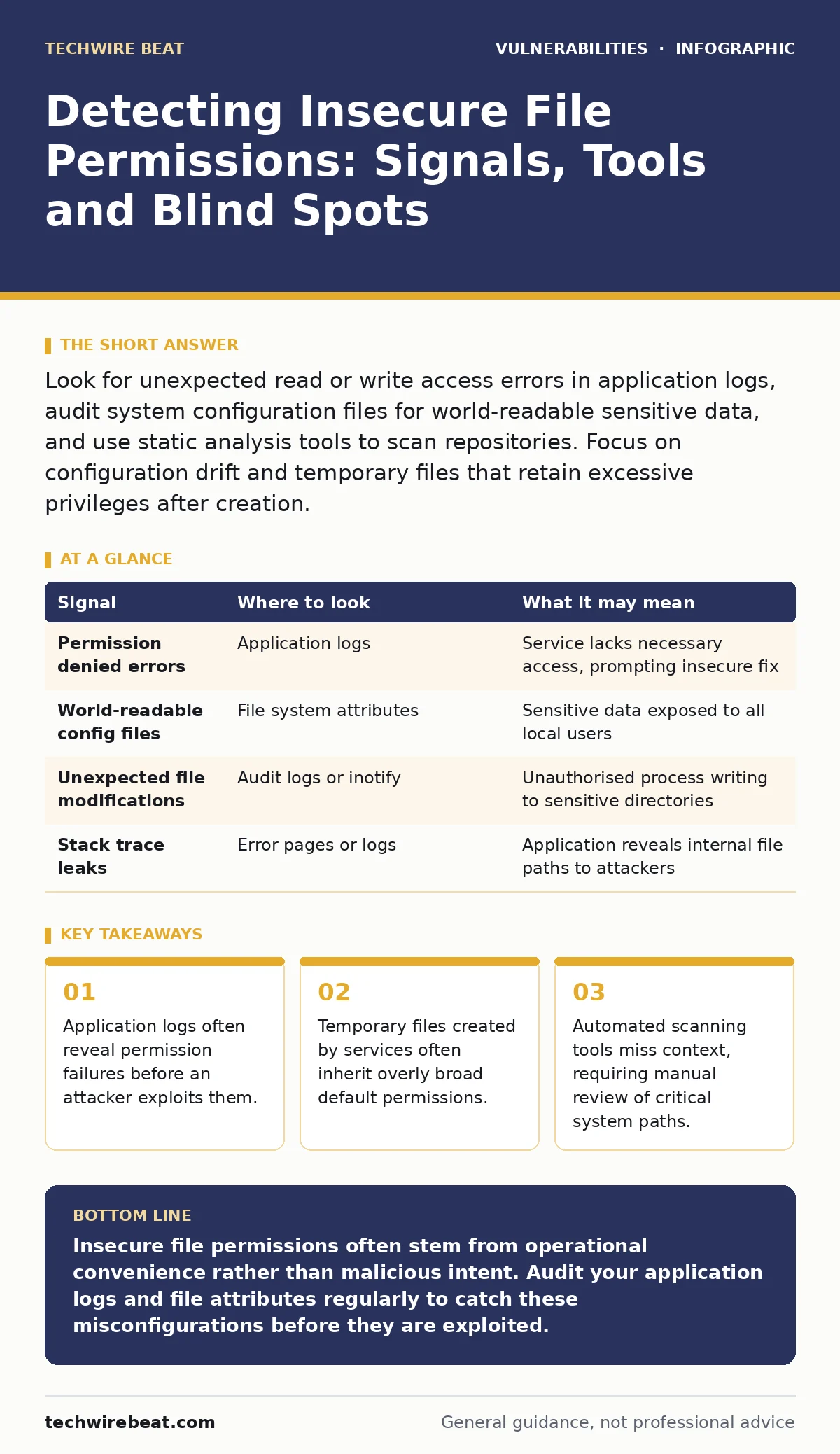 Infographic: Detecting Insecure File Permissions: Signals, Tools and Blind Spots. Application logs often reveal permission failures before an attacker exploits them. Temporary files created by services often inherit overly broad default permissions. Automated scanning tools miss context, requiring m