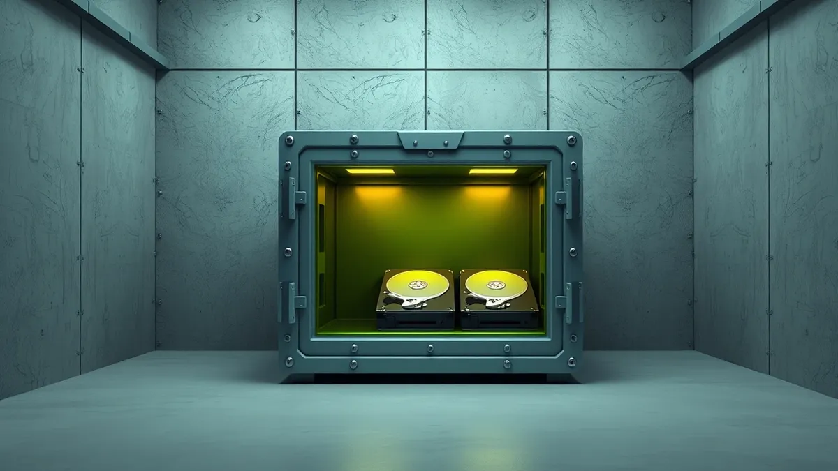 Illustration: A rugged metal vault sits isolated in a sterile concrete room, completely disconnected from any network cables or power lines.