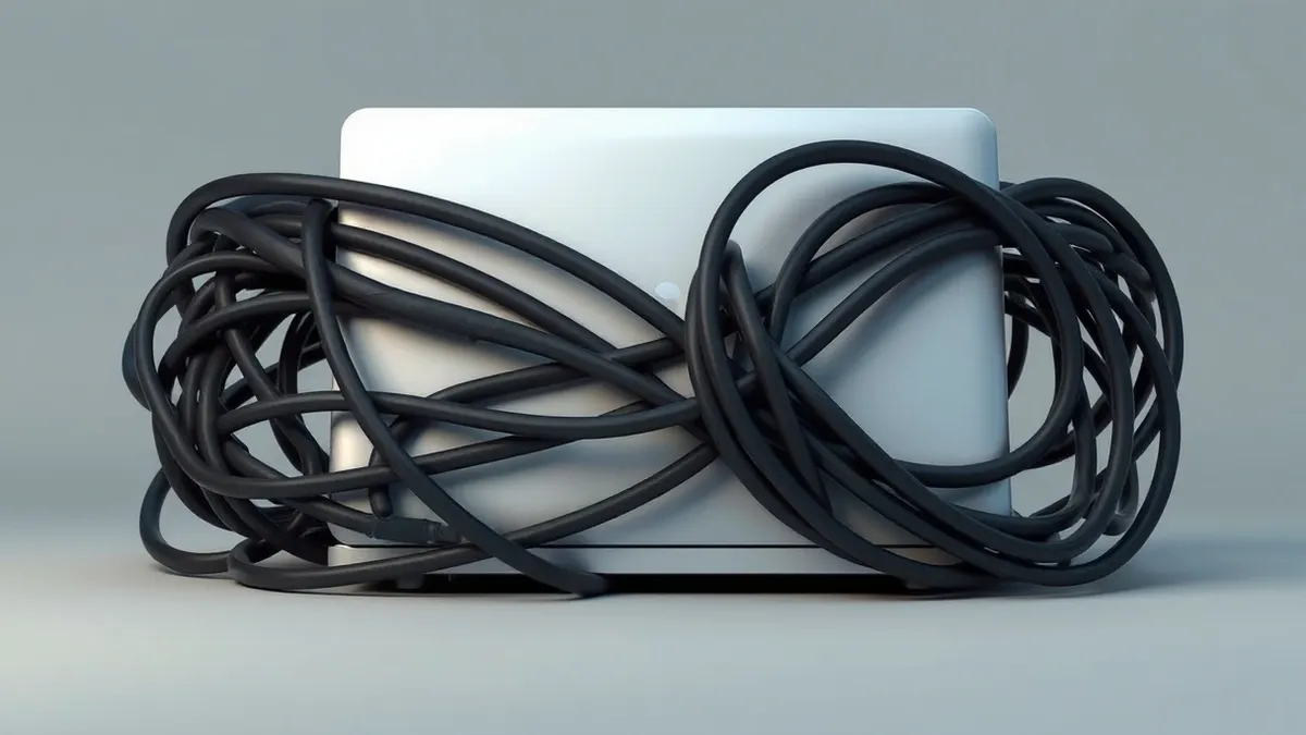 Illustration: A tangled knot of thick black cables wraps tightly around a silver laptop, binding the hardware in a restrictive embrace.