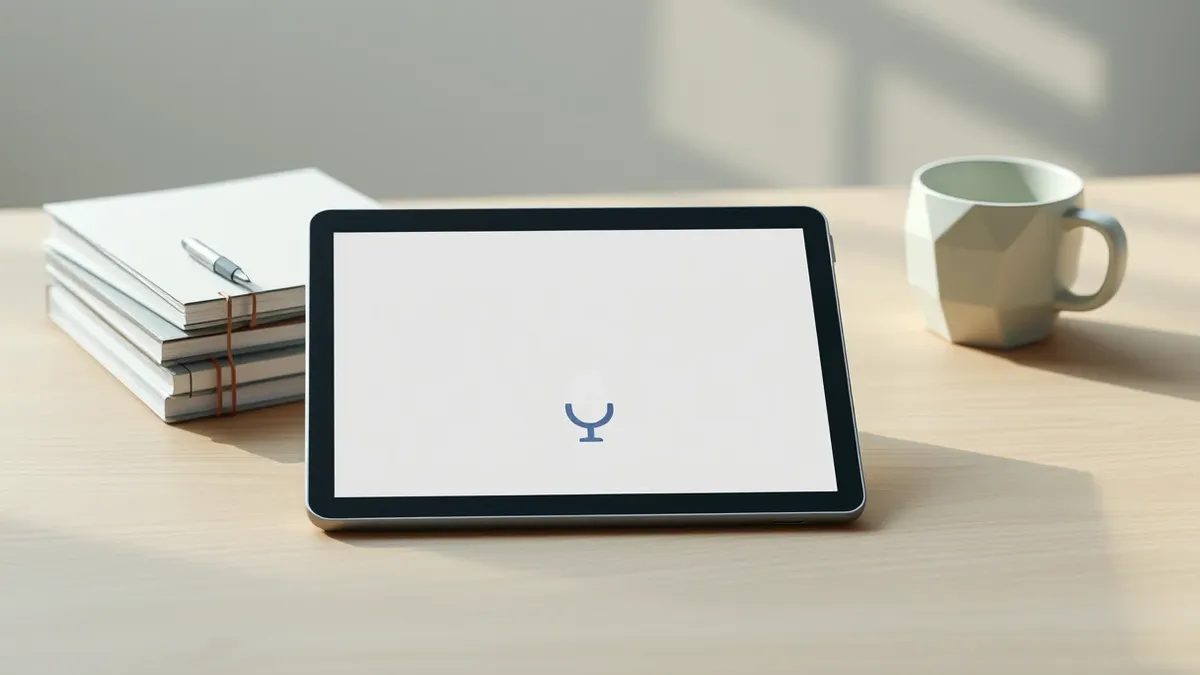 Illustration: A sleek tablet rests on a wooden desk, displaying a blank interface with a single prominent microphone icon at the bottom.