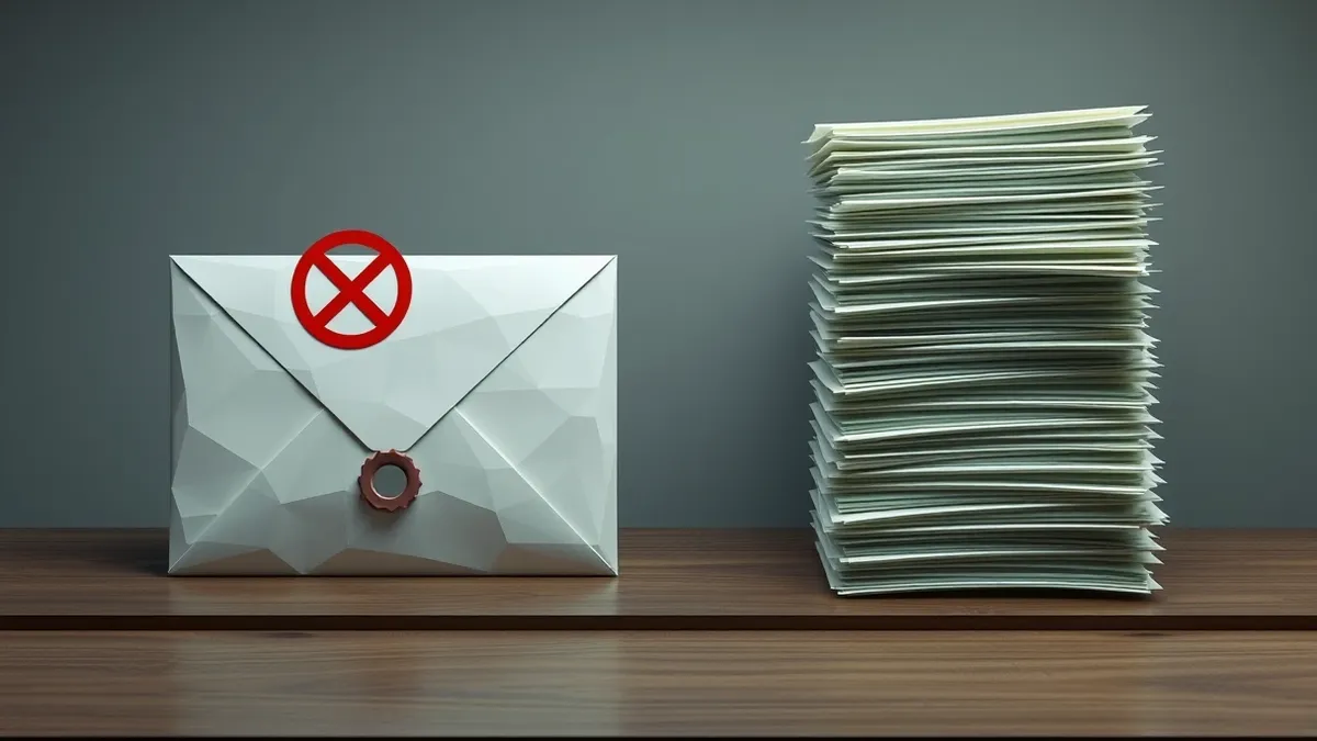 Illustration: A single white envelope sits on a stark wooden desk, sealed with a wax stamp but marked with a large red prohibition symbol.