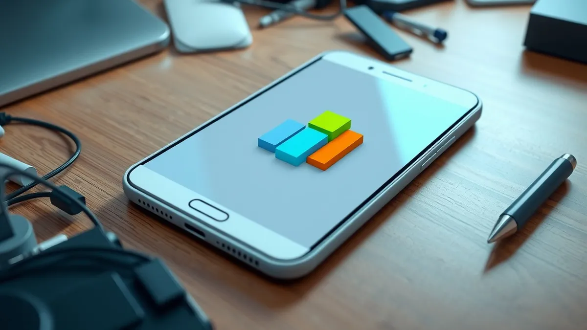 Illustration: A sleek white smartphone rests on a cluttered wooden desk, its screen displaying a clean interface with three distinct colored blocks arranged vertically.