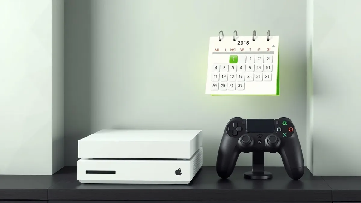 Illustration: A white gaming console rests on a dark wooden shelf beside a black controller, with a blank game case standing upright nearby.