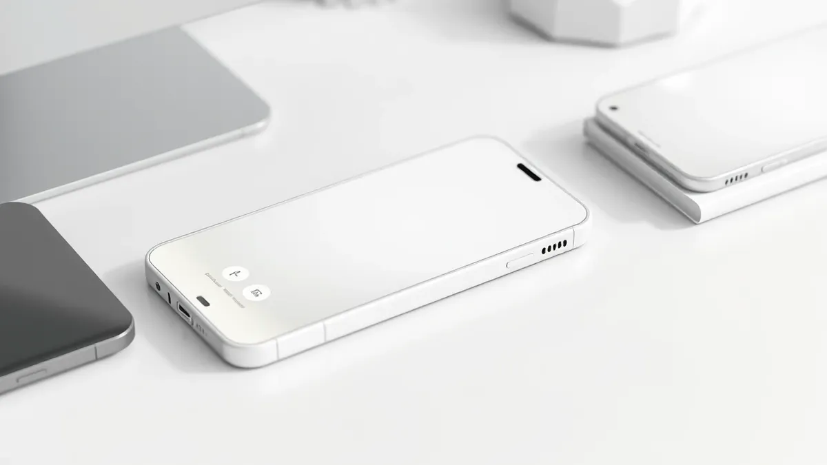 Illustration: A sleek white smartphone rests on a minimalist desk.