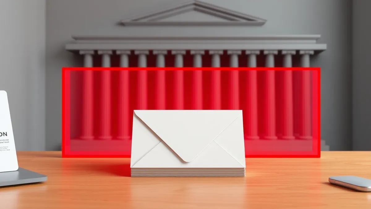 Illustration: A stack of blank legal envelopes sits motionless on a wooden desk, trapped behind a glowing red barrier that blocks their path toward a row of dark courthouse columns