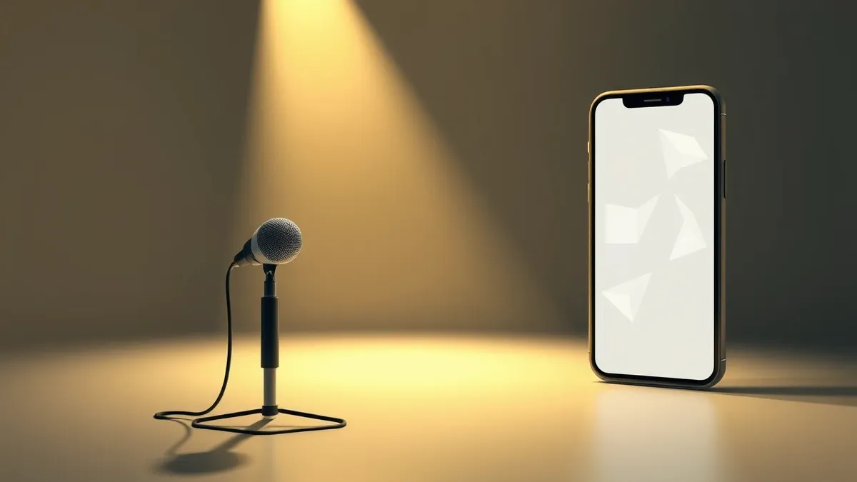 Illustration: A microphone sits alone on a dim stage floor.