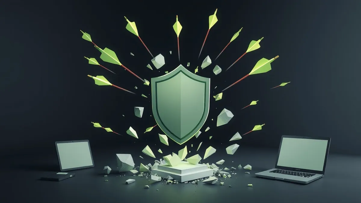 Illustration: A digital shield shatters under rapid strikes from jagged, glowing arrows in a dark void.