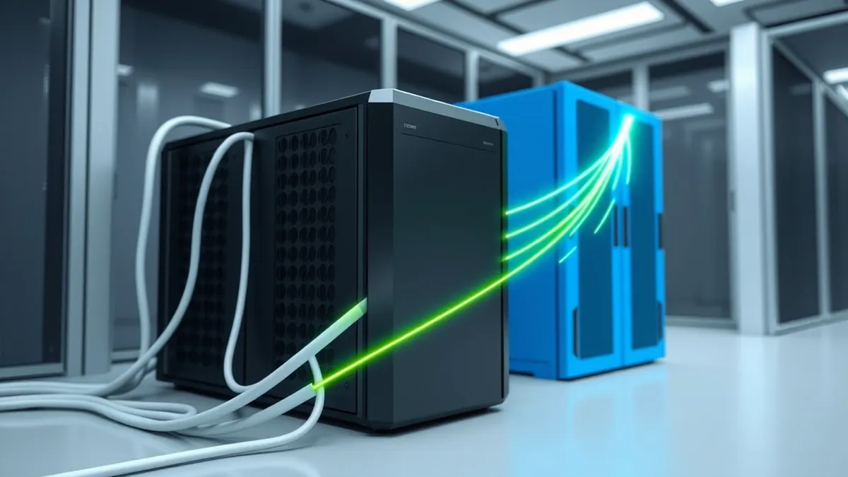 Illustration: A sleek black server blade sits in a modern data center, connected by thick white cables to a neighboring blue unit.