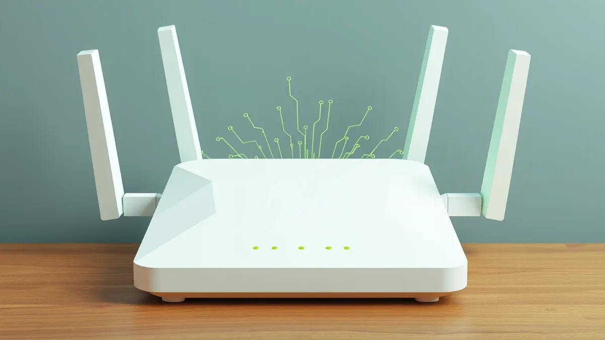 Illustration: A standard white home router sits on a wooden surface.