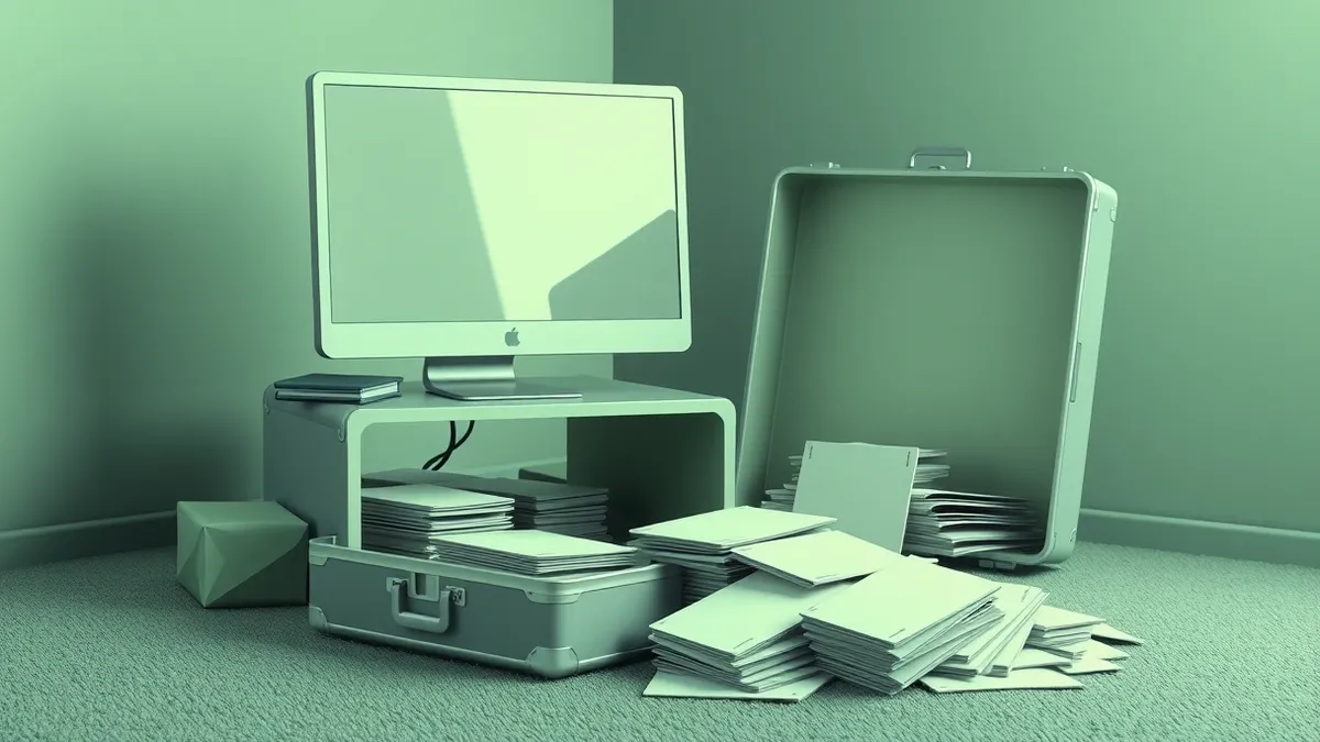 Illustration: A blank computer monitor sits on a cluttered desk, reflecting an empty chair.