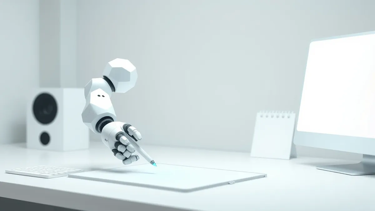 Illustration: A sleek white robotic arm hovers over a blank desk surface, its mechanical fingers poised to pick up a stylus.