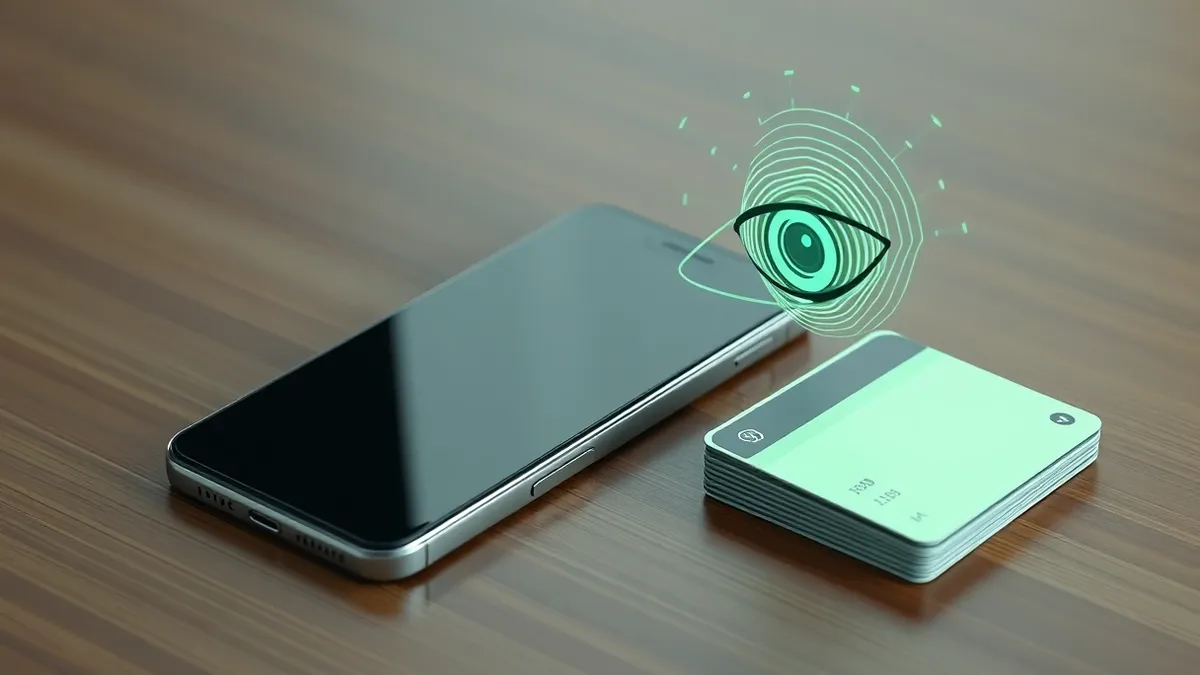 Illustration: A sleek smartphone rests on a wooden table, its blank screen reflecting a subtle digital glow.