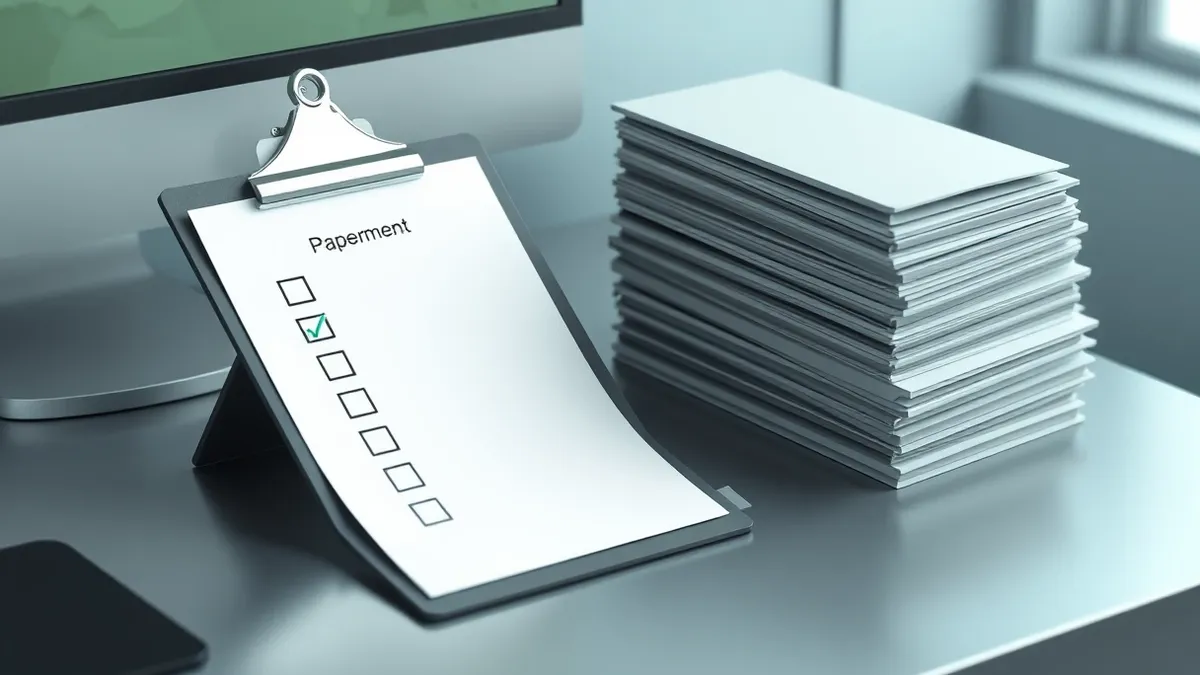 Illustration: An open clipboard rests on a metal desk, holding a blank form with empty checkboxes.