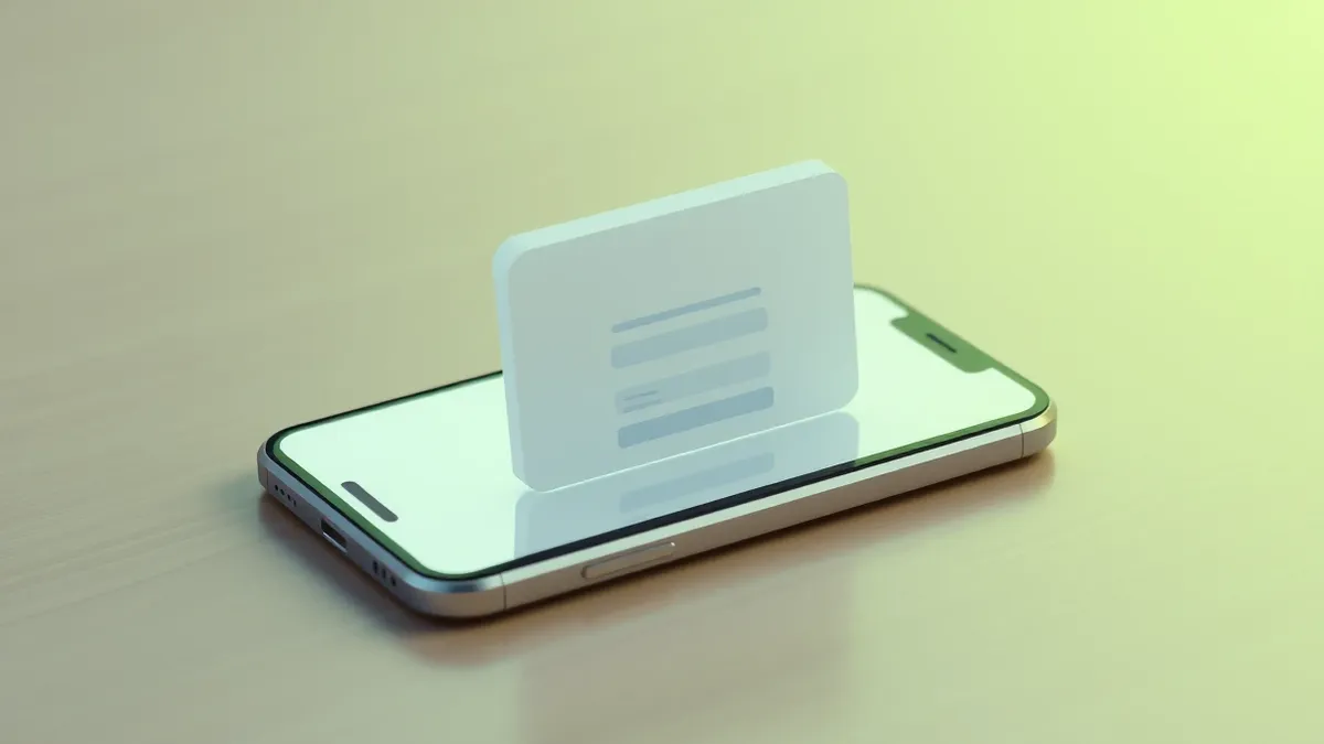 Illustration: A smartphone rests on a wooden table, its screen displaying two identical login windows stacked perfectly on top of each other.