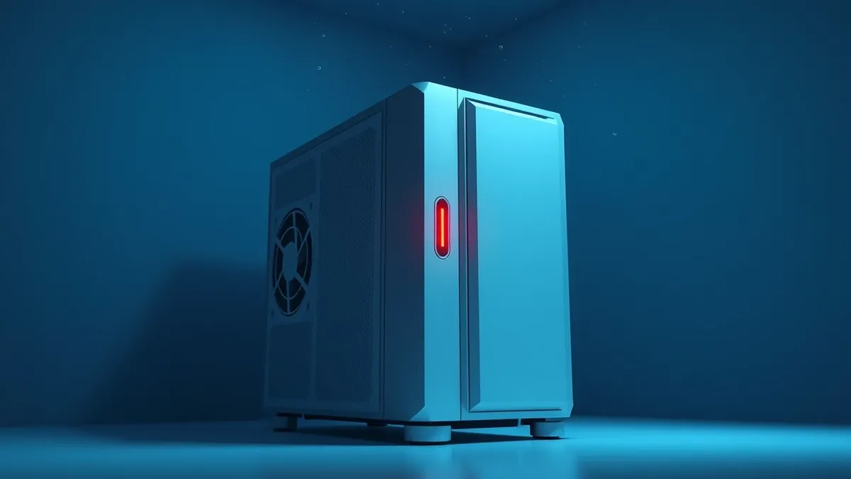 Illustration: A sleek server unit sits alone in a dim room, its cooling fans spinning silently.