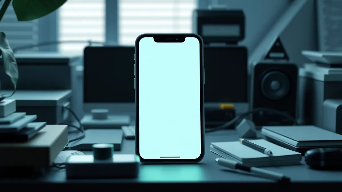 Illustration: A cluttered office desk holds a smartphone displaying a clean, blank message interface.