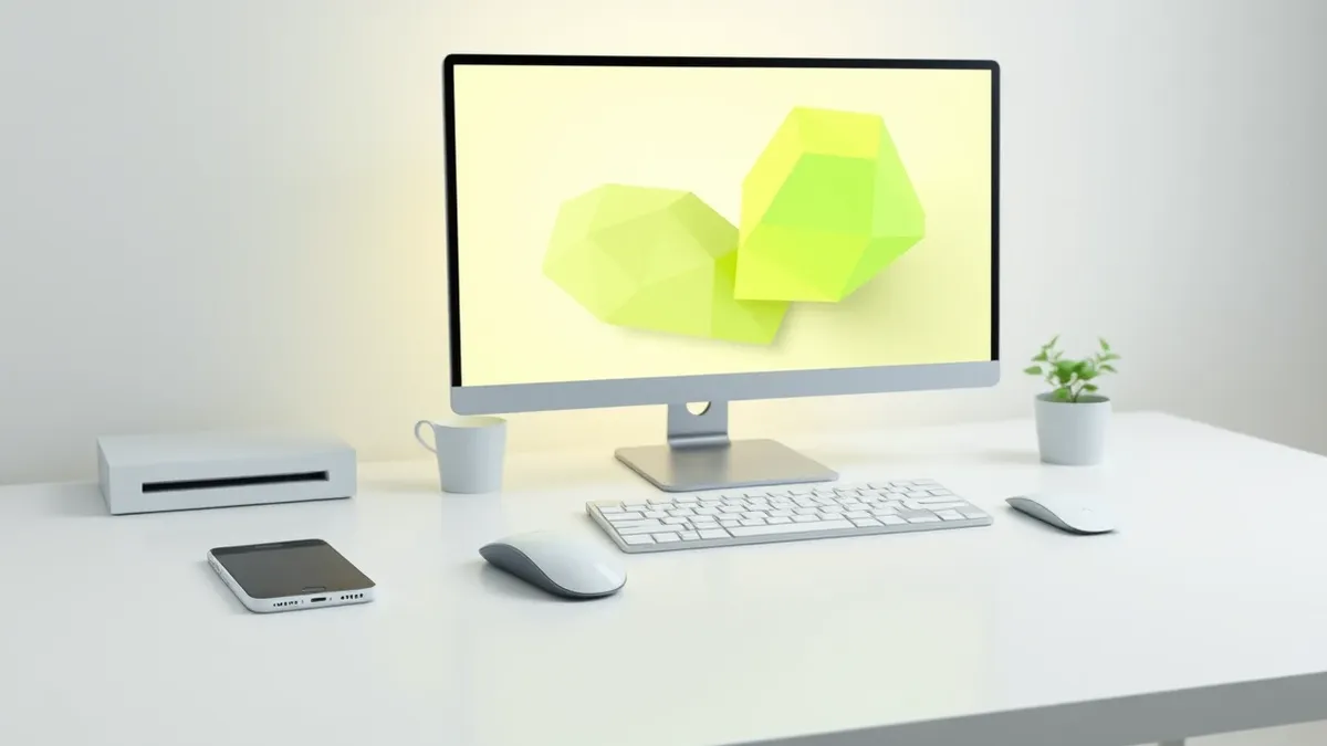 Illustration: A sleek white desk holds a modern smartphone and a wireless mouse.