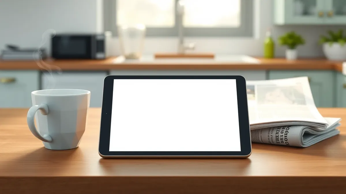 Illustration: A blank tablet rests on a wooden kitchen table next to a steaming mug and a folded newspaper.