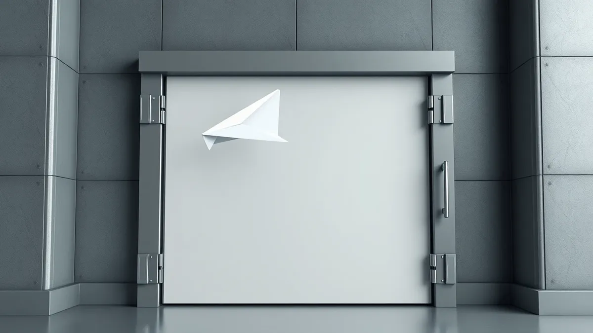 Illustration: A sleek white paper airplane hovers just above a heavy steel blast door, frozen in mid-flight.