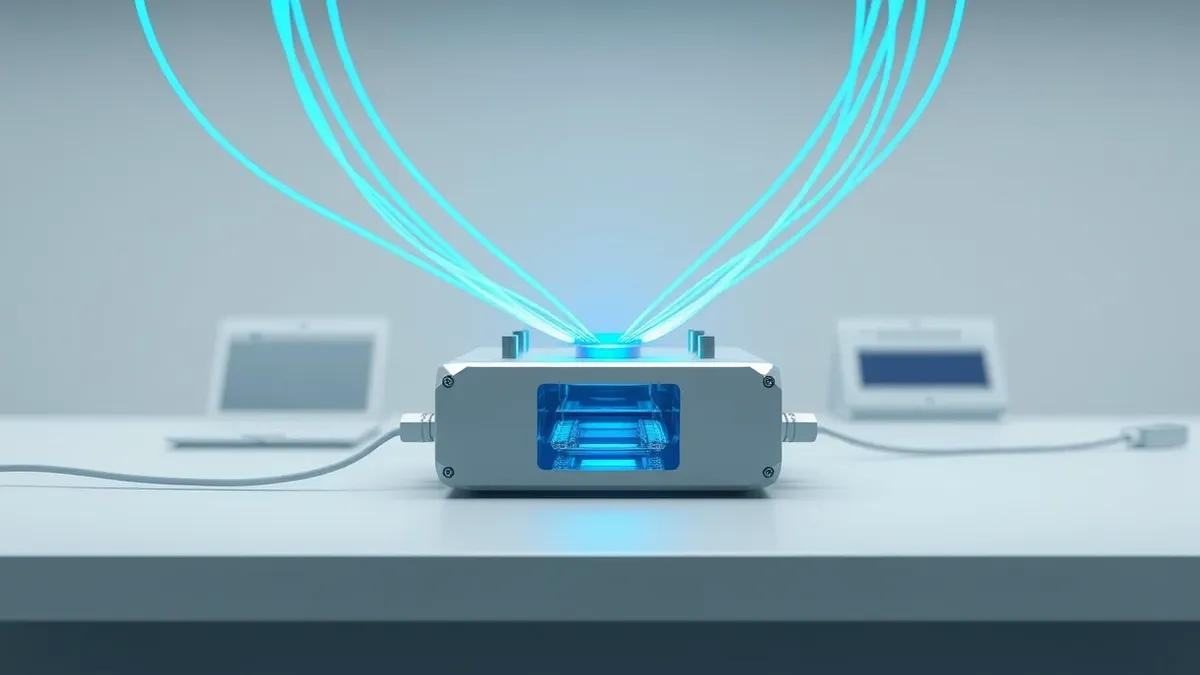 Illustration: A compact optical switching device sits on a clean workbench, connected to slender fiber optic cables that pulse with bright blue light.