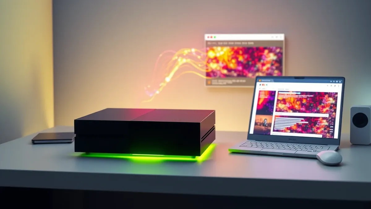 Illustration: A sleek black console box sits on a desk, glowing with vibrant abstract light patterns that simulate high-speed gaming graphics, while a stream of colorful pixelated 