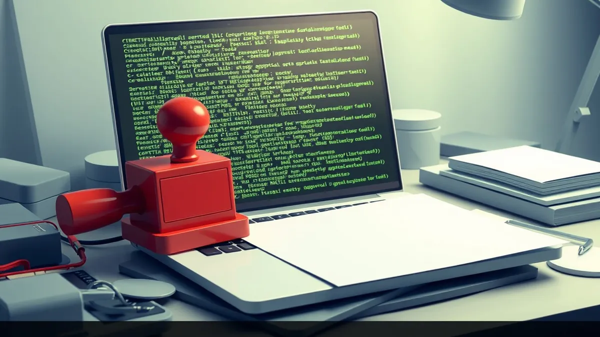 Illustration: A sleek laptop sits on a cluttered desk, its screen filled with dense, abstract lines of code.