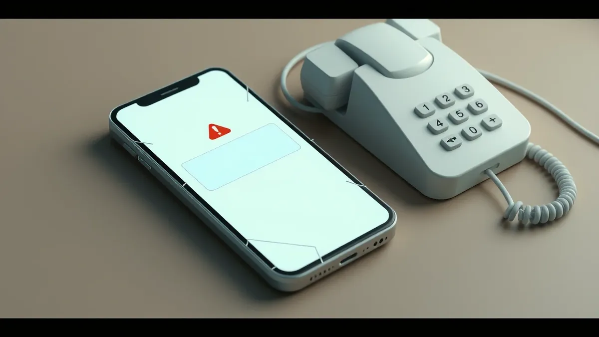 Illustration: A cracked smartphone rests on a wooden table, displaying a blank message notification with an urgent red alert icon.
