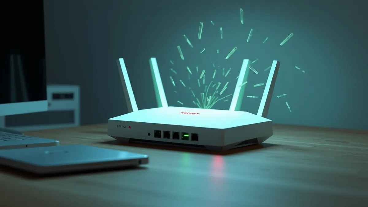 Illustration: A sleek white router sits on a wooden desk, its single status light pulsing an urgent, warning red.