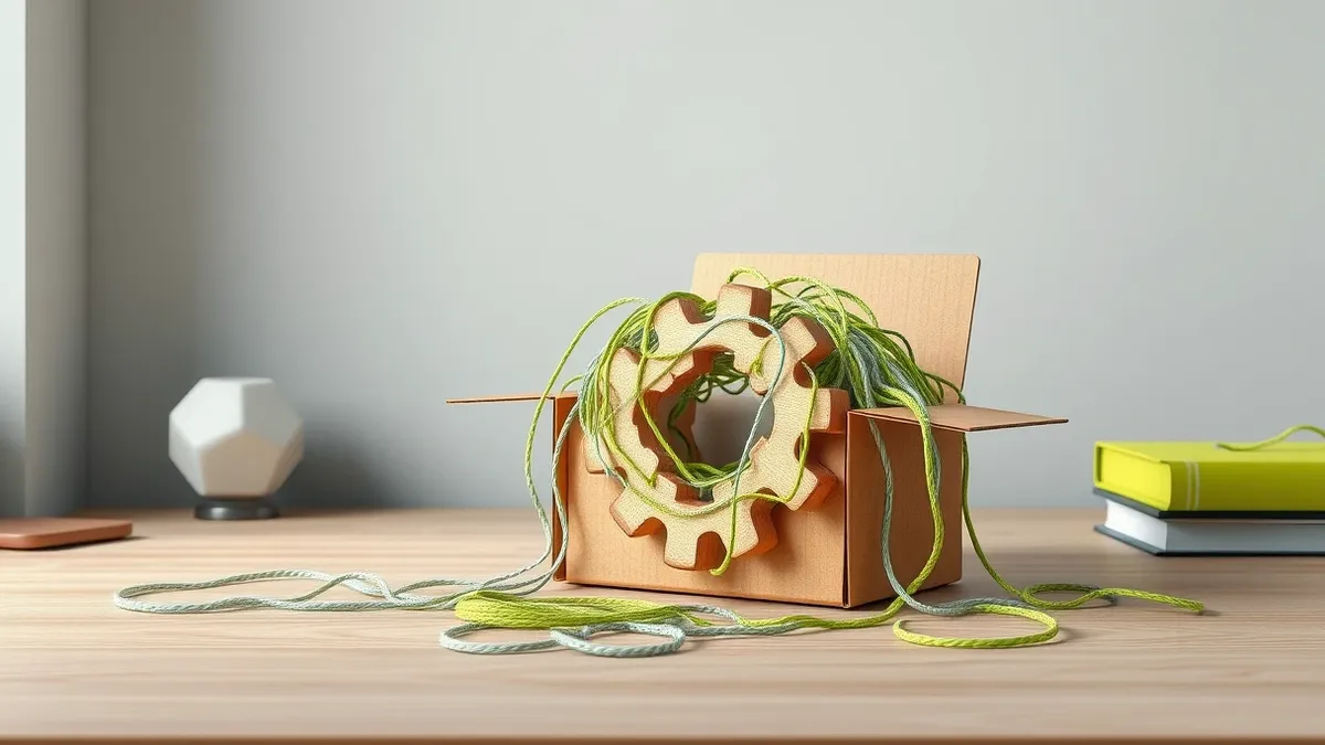 Illustration: A tangled skein of multicolored yarn spills from an open cardboard box onto a clean wooden desk.