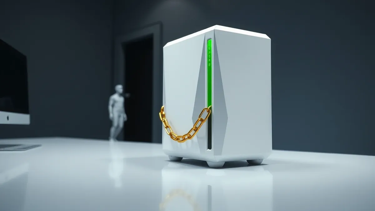 Illustration: A sleek white server tower sits on a polished desk, its status lights pulsing gently.