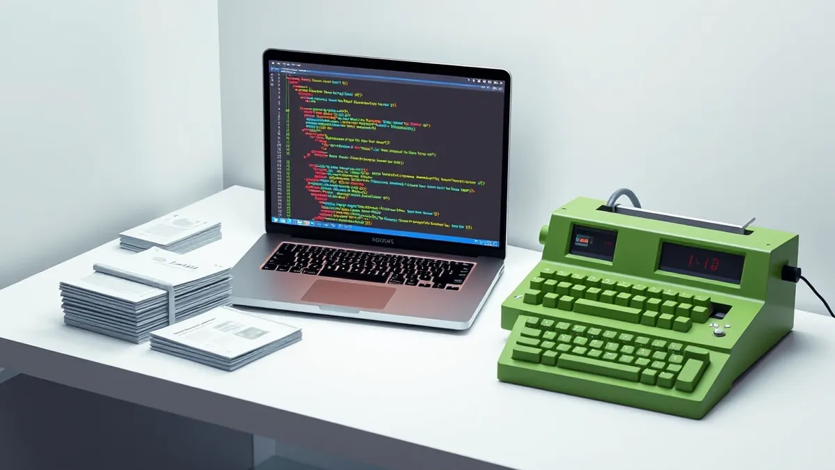 Illustration: A modern laptop sits on a clean white desk, its screen displaying a code editor with syntax highlighting in vibrant colors.