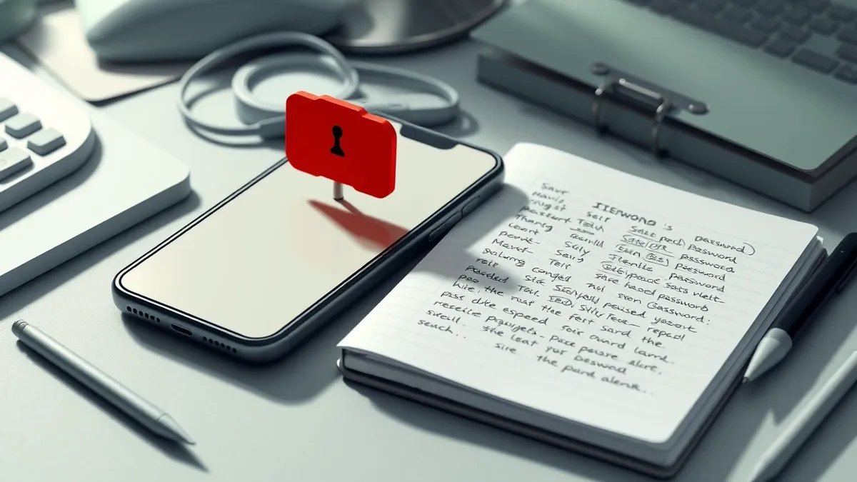 Illustration: A single red notification badge sits atop a blank smartphone screen, casting a sharp shadow on a cluttered desk.