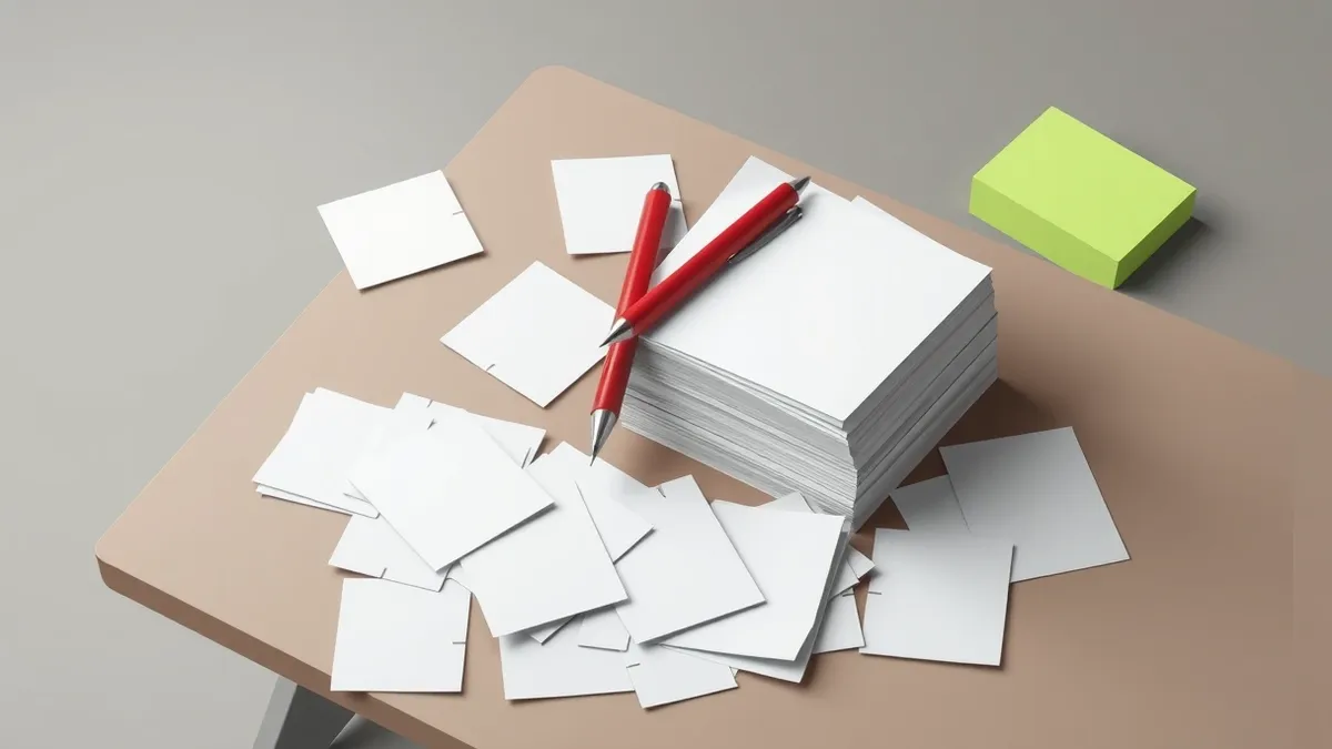 Illustration: A small wooden desk holds a scattered pile of white index cards and a single red pen.