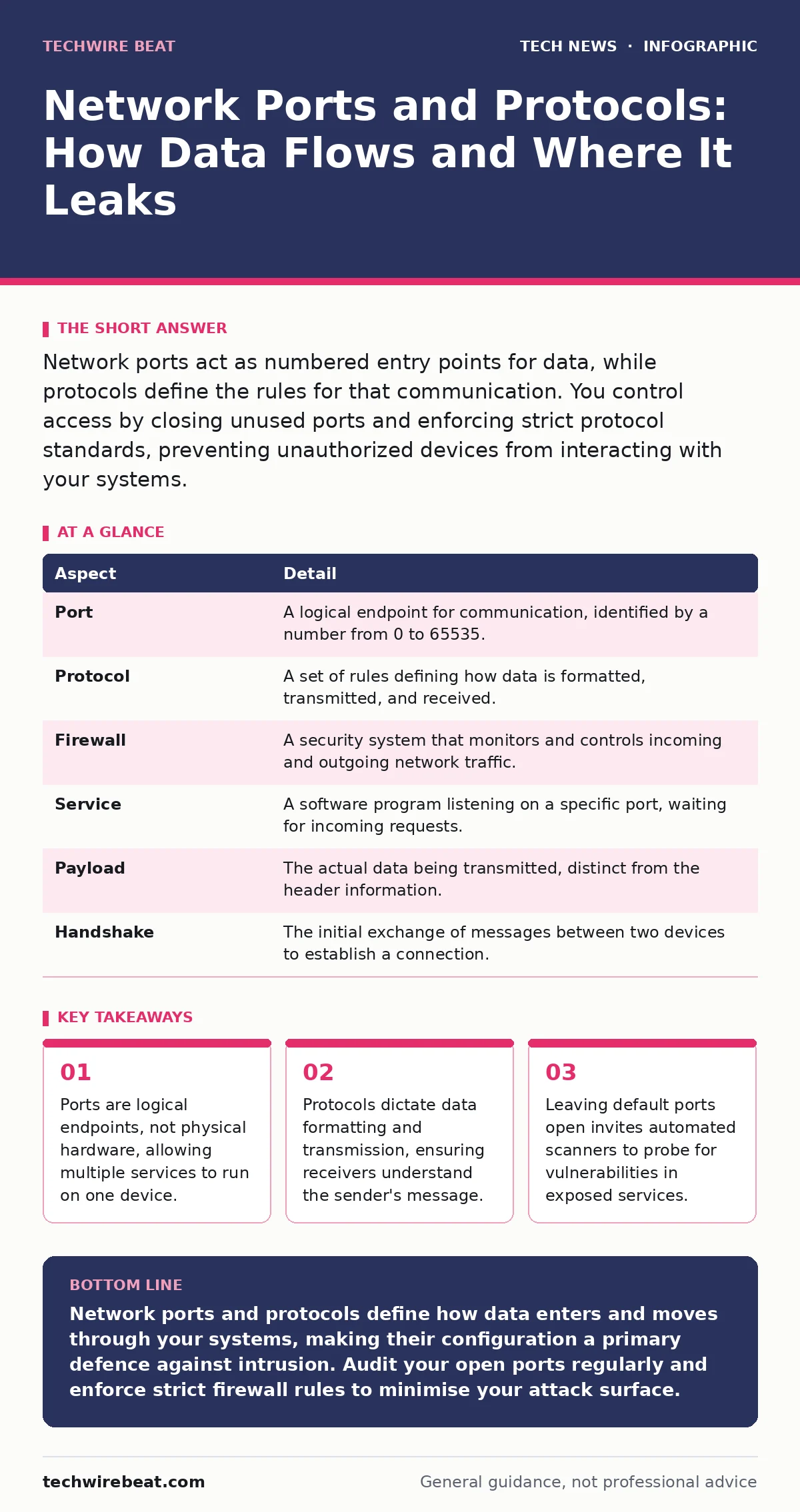 Infographic: Network Ports and Protocols: How Data Flows and Where It Leaks. Ports are logical endpoints, not physical hardware, allowing multiple services to run on one device. Protocols dictate data formatting and transmission, ensuring receivers understand the sender's message. Leaving default po