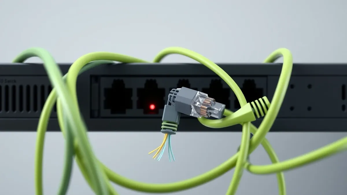 Illustration: A tangled web of colorful ethernet cables plugs into a single black network switch.
