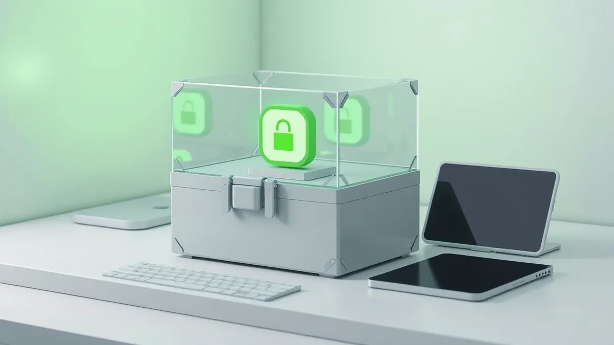 Illustration: A sleek, transparent glass box sits on a clean white desk, containing a miniature glowing application icon.